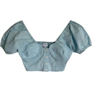 Wray Light Blue Button Front Puff Sleeve Crop Top Milkmaid S‎ Feminine Coquette